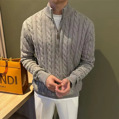 Men's Zip-Up Cable Knit Sweater for Fall and Winter Everyday Wear Gray