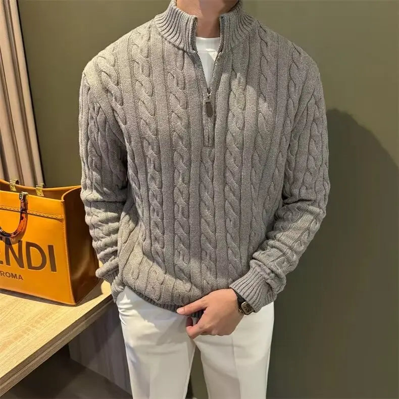 Men's Zip-Up Cable Knit Sweater for Fall and Winter Everyday Wear