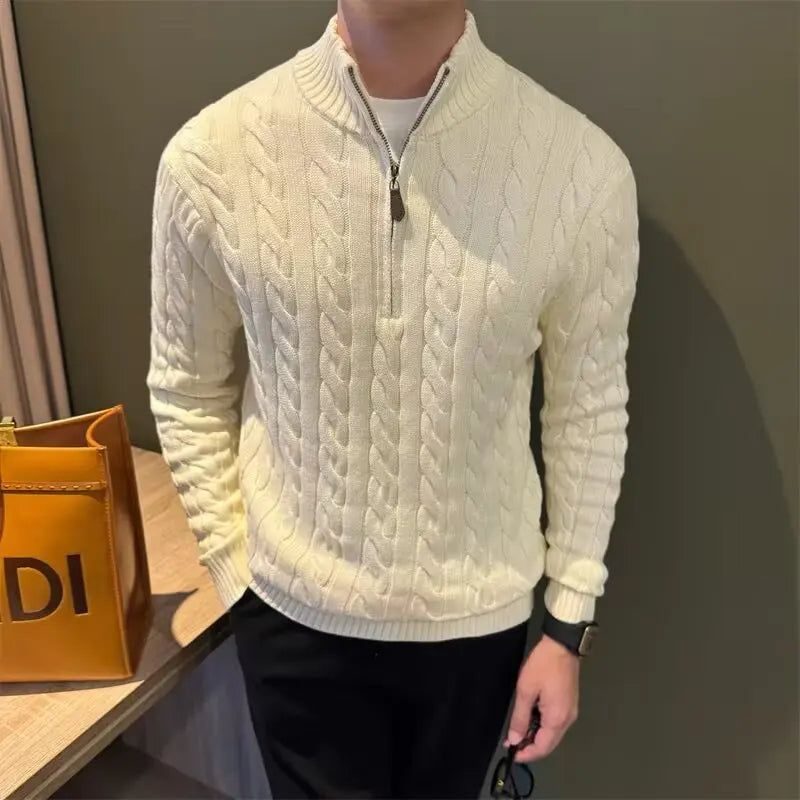 Men's Zip-Up Cable Knit Sweater for Fall and Winter Everyday Wear White