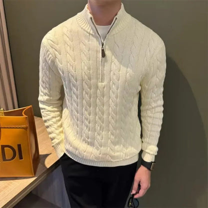 Men's Zip-Up Cable Knit Sweater for Fall and Winter Everyday Wear White