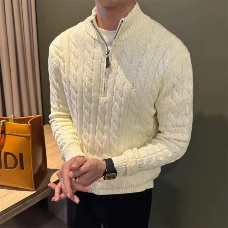 Men's Zip-Up Cable Knit Sweater for Fall and Winter Everyday Wear