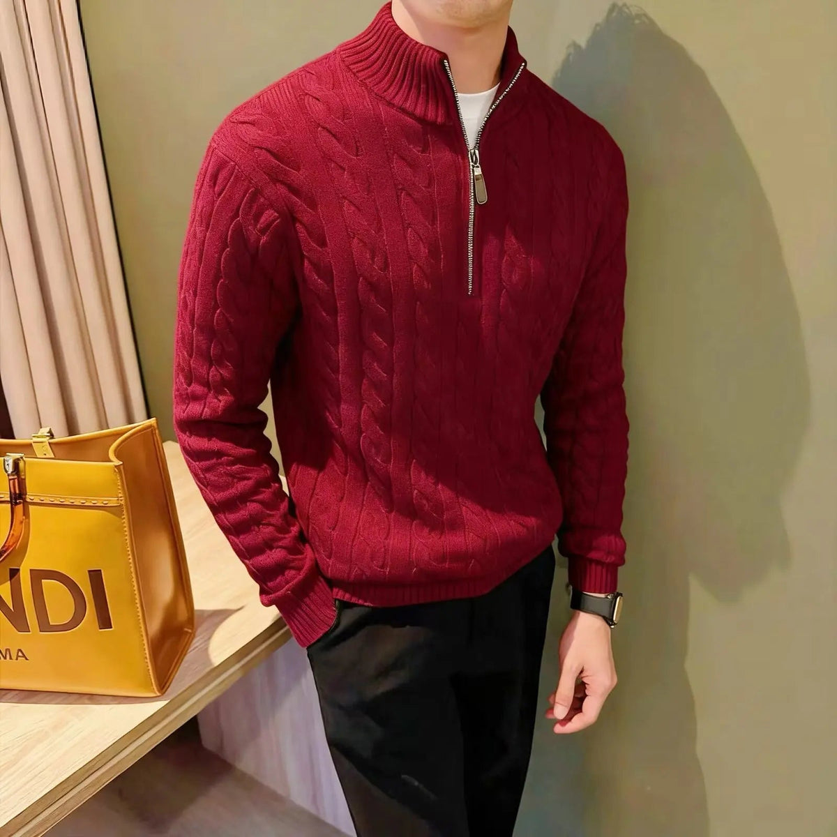 Men's Zip-Up Cable Knit Sweater for Fall and Winter Everyday Wear Red