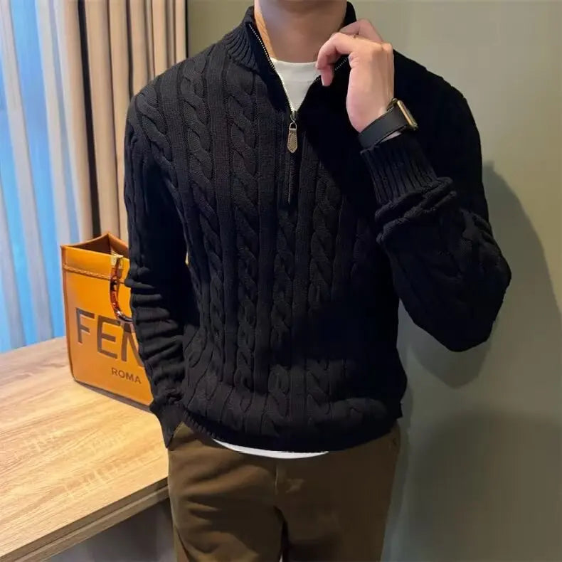 Men's Zip-Up Cable Knit Sweater for Fall and Winter Everyday Wear Black