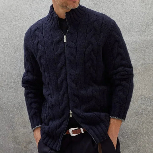 Men's Zip-Up Cable Knit Sweater for Fall and Winter Everyday Wear Navy Blue