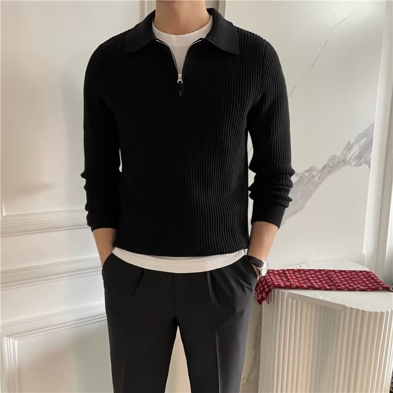 Men's Zip-Up Collared Sweater for Fall and Winter Everyday Wear Black