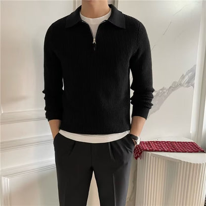 Men's Zip-Up Collared Sweater for Fall and Winter Everyday Wear Black