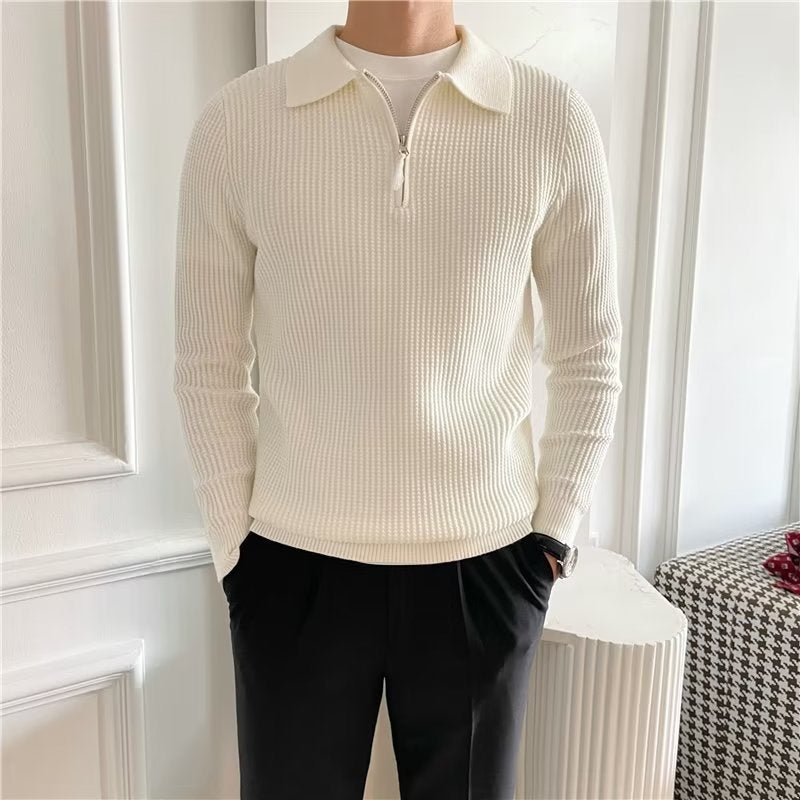 Men's Zip-Up Collared Sweater for Fall and Winter Everyday Wear White