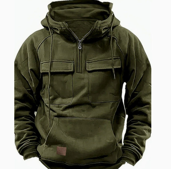 Men's Zip-Up Hoodie with Drawstring and Pockets for Daily Use Army Green