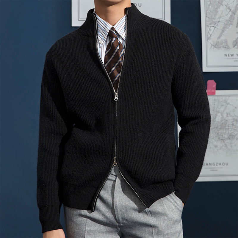 Men's Zip-Up Ribbed Knit Sweater for Fall and Winter Everyday Wear Black