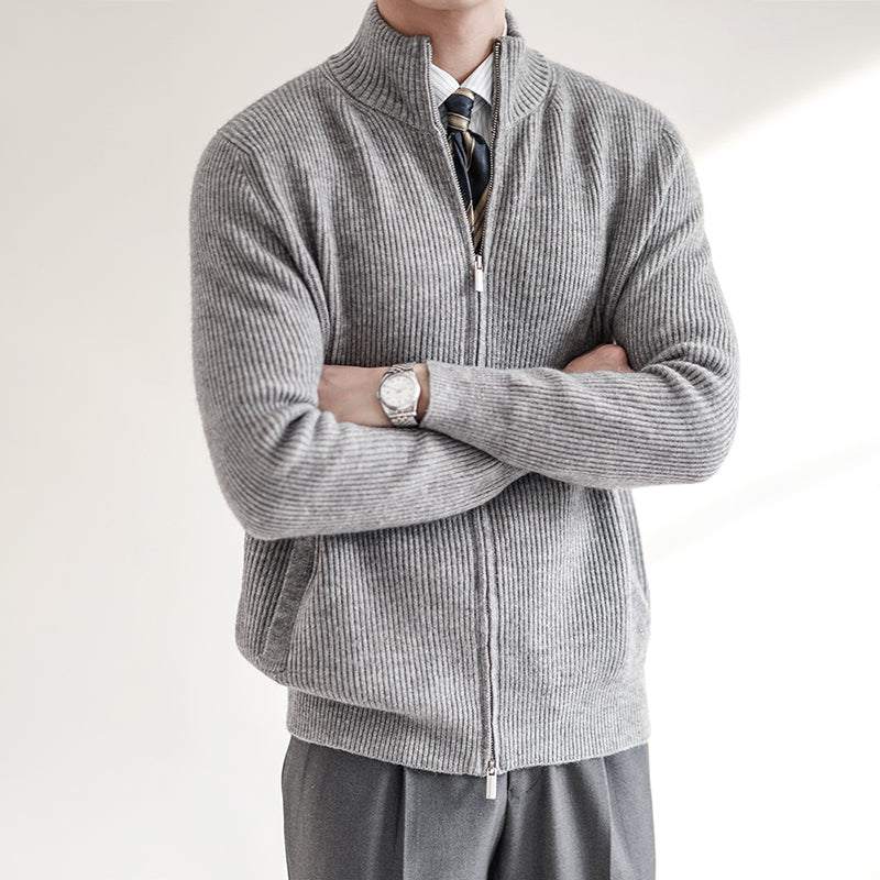 Men's Zip-Up Ribbed Knit Sweater for Fall and Winter Everyday Wear Grey