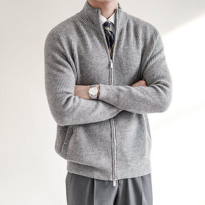 Men's Zip-Up Ribbed Knit Sweater for Fall and Winter Everyday Wear Grey