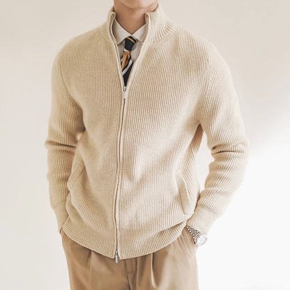 Men's Zip-Up Ribbed Knit Sweater for Fall and Winter Everyday Wear Beige