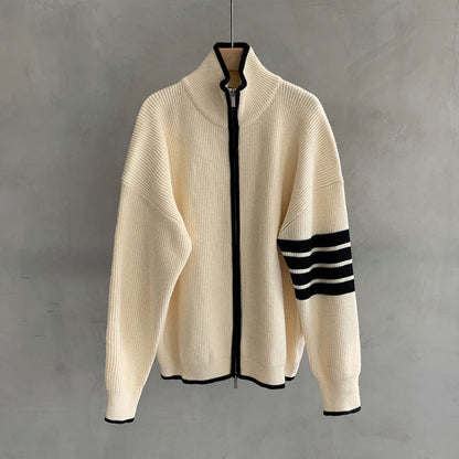 Men's Zip-Up Stand Collar Sweater for Fall and Winter Everyday Wear Beige