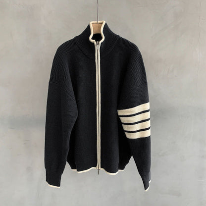 Men's Zip-Up Stand Collar Sweater for Fall and Winter Everyday Wear Black