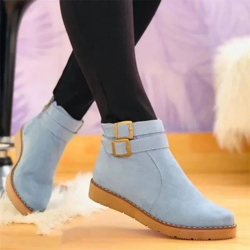 Women's Refined Double Buckle Flat Ankle Booties for Daily Use Blue