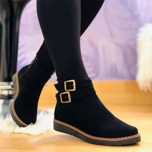 Women's Refined Double Buckle Flat Ankle Booties for Daily Use Black