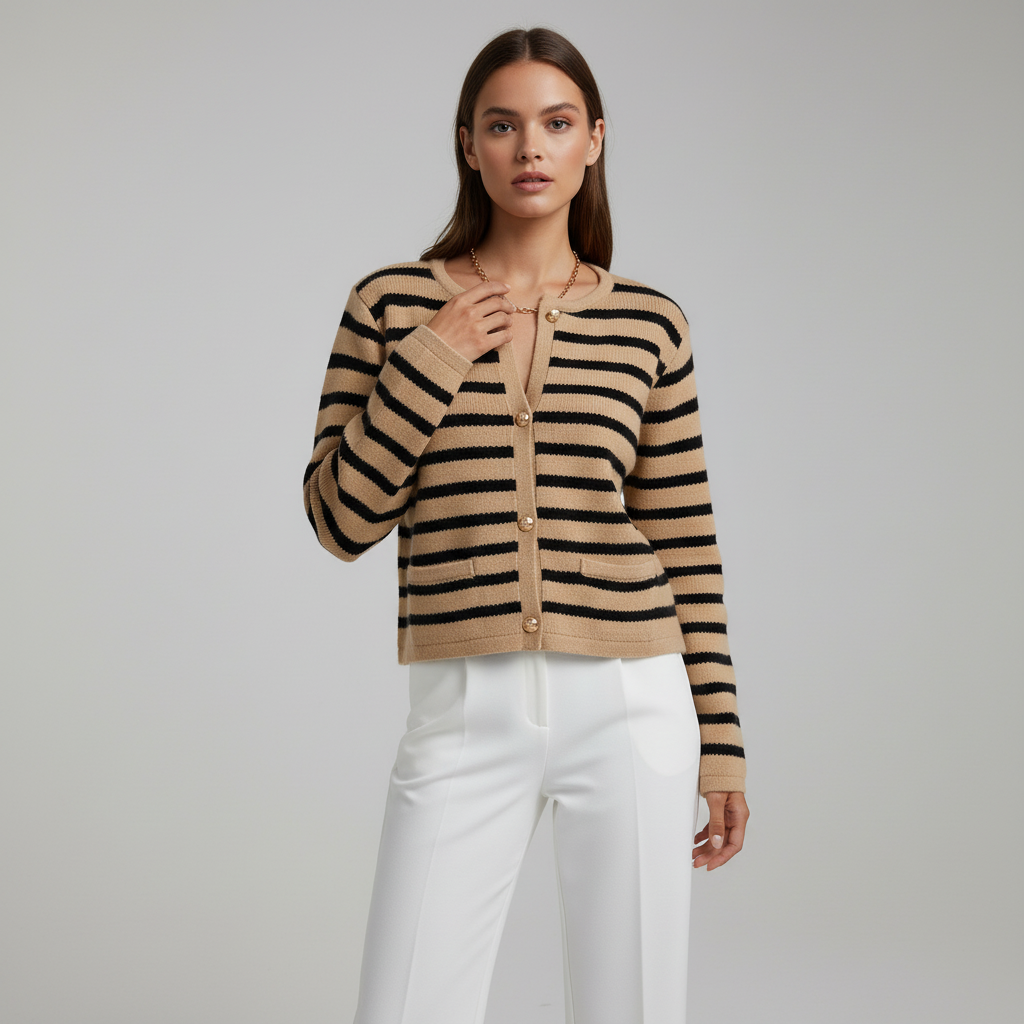 Women's Striped V-Neck Button-Front Cardigan for Daily Use Brown