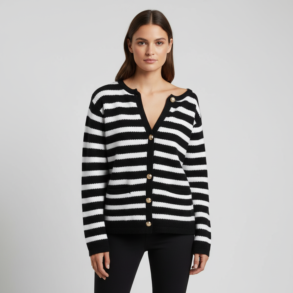 Women's Striped V-Neck Button-Front Cardigan for Daily Use
