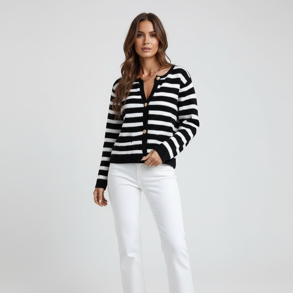 Women's Striped V-Neck Button-Front Cardigan for Daily Use Black
