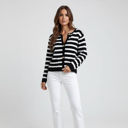 Women's Striped V-Neck Button-Front Cardigan for Daily Use Black