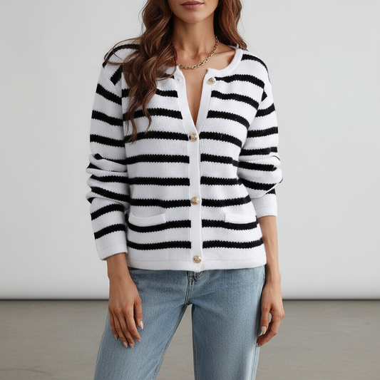 Women's Striped V-Neck Button-Front Cardigan for Daily Use White