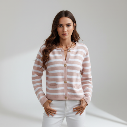 Women's Striped V-Neck Button-Front Cardigan for Daily Use Pink