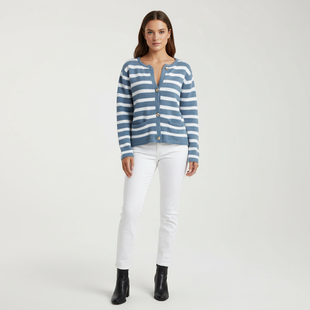 Women's Striped V-Neck Button-Front Cardigan for Daily Use Blue