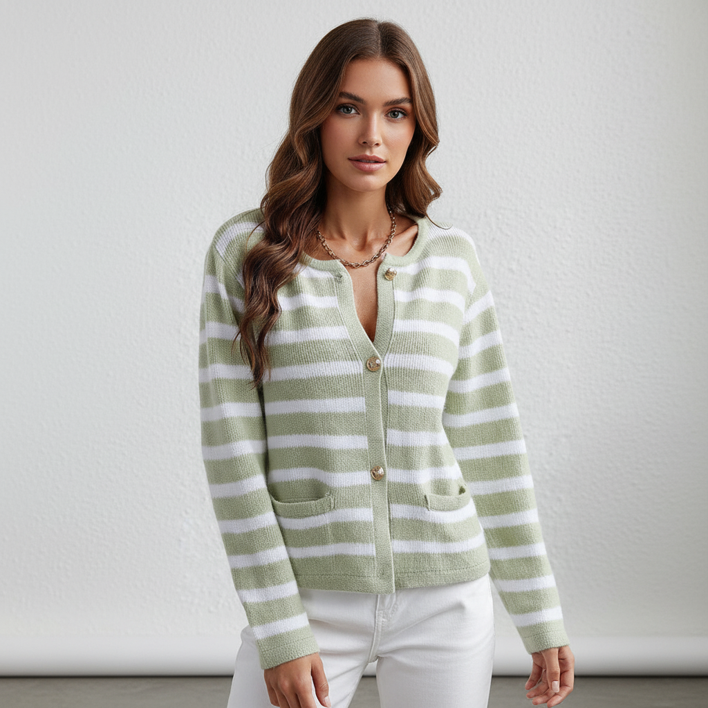Women's Striped V-Neck Button-Front Cardigan for Daily Use Green