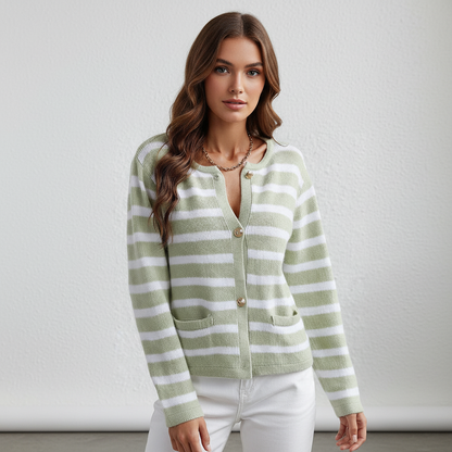 Women's Striped V-Neck Button-Front Cardigan for Daily Use Green