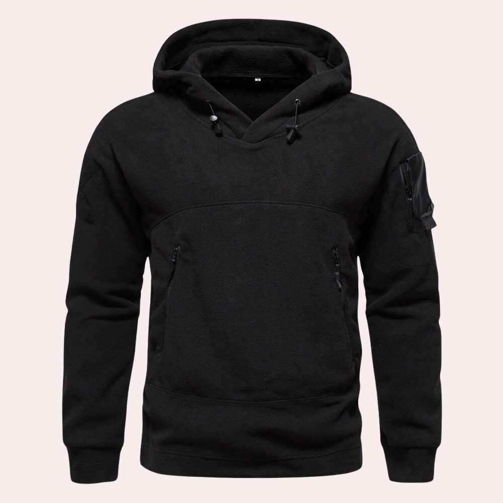 Men's Multi-Pocket Tactical Fleece Hoodie for Outdoor Activities Black