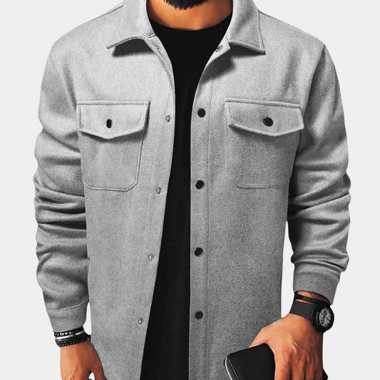 Men's Lightweight Fall Jacket with Chest Pockets and Button Front Gray