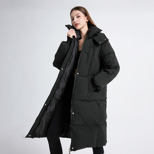 Women's Long Hooded Winter Puffer Coat for Daily Use Warm Black
