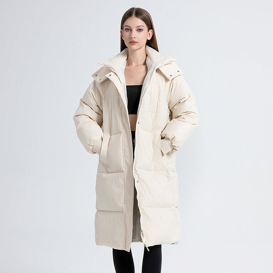 Women's Long Hooded Winter Puffer Coat for Daily Use Warm Beige