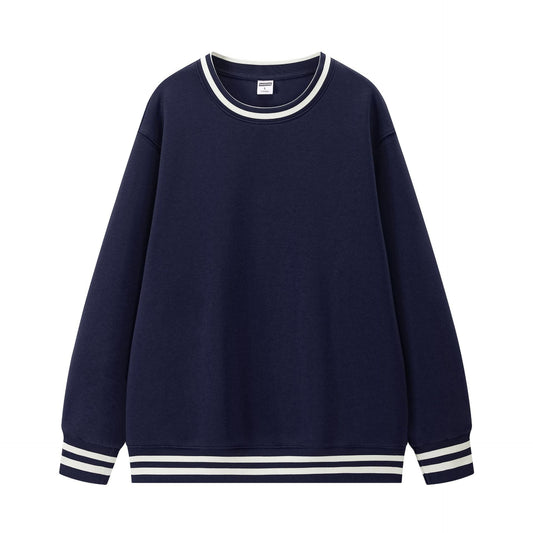 Women's Relaxed Contrast Stripe Sweatshirt with Ribbed Cuffs Navy Blue