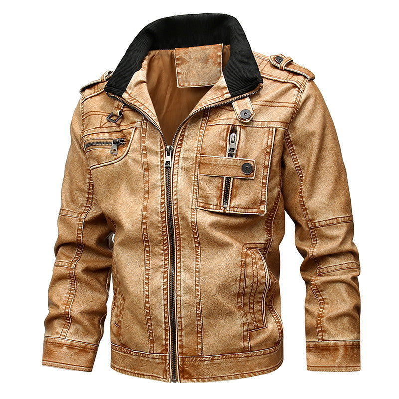 Men's Utility Leather Jacket – Versatile Multi-Pocket Casual Wear Khaki