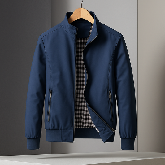 Men's Bomber Jacket for Fall with Plaid Lined Collar Detail Blue