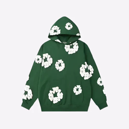 Men's Printed Denim-Style Hoodie – Unisex Streetwear Sweatshirt Green