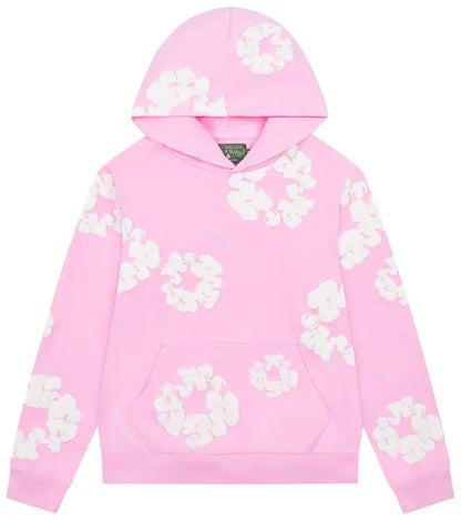 Men's Printed Denim-Style Hoodie – Unisex Streetwear Sweatshirt Pink
