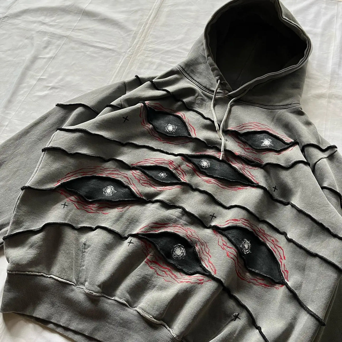 Men's Retro Patchwork Hoodie with Geometric Street Style Design Grey