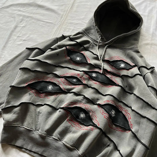 Men's Retro Patchwork Hoodie with Geometric Street Style Design Grey