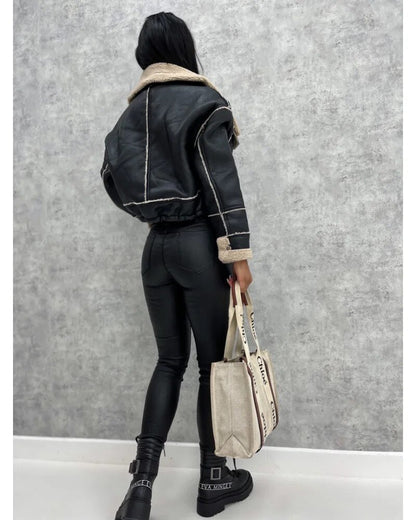 Women's Trendy Cropped Leather Jacket for Daily Use Warm