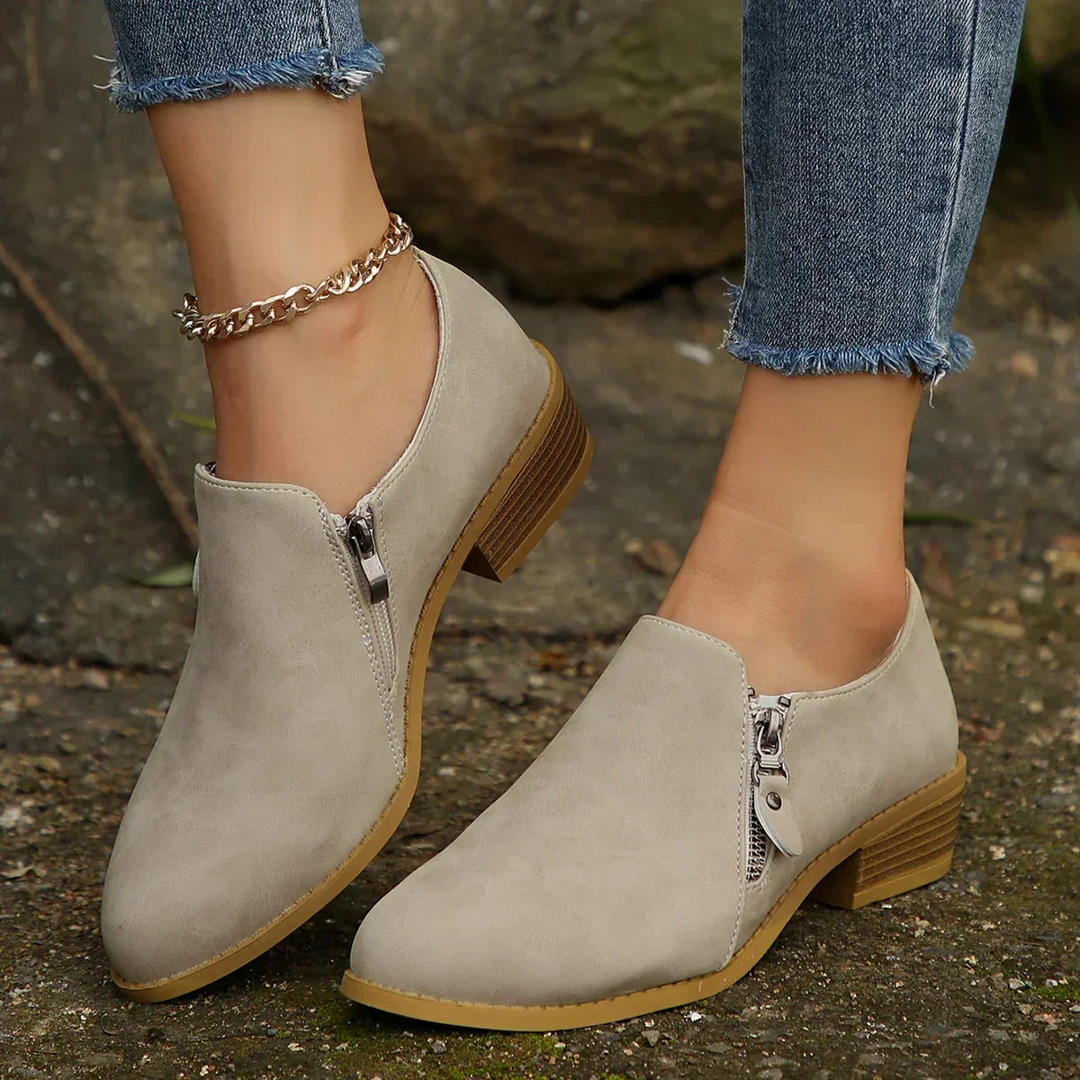 Women's Refined Side Zip Low Heel Ankle Booties for Daily Use Apricot