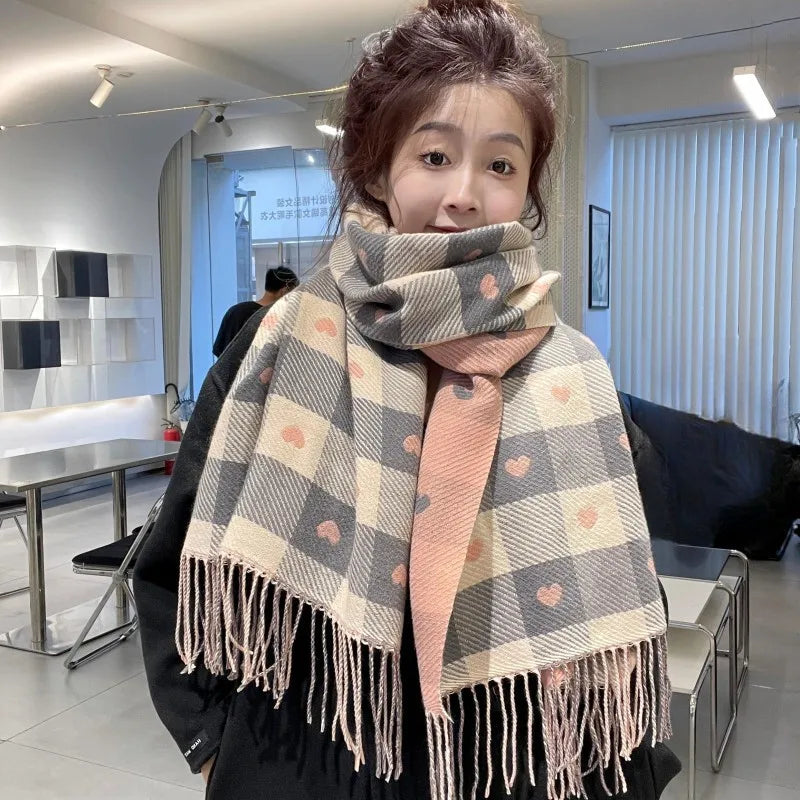 Women's Heart-Shaped Plaid Scarf, Thick Autumn and Winter Shawl Pink One Size