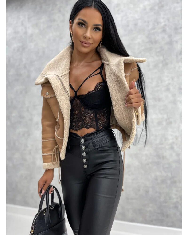 Women's Trendy Cropped Leather Jacket for Daily Use Warm