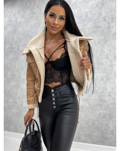 Women's Trendy Cropped Leather Jacket for Daily Use Warm