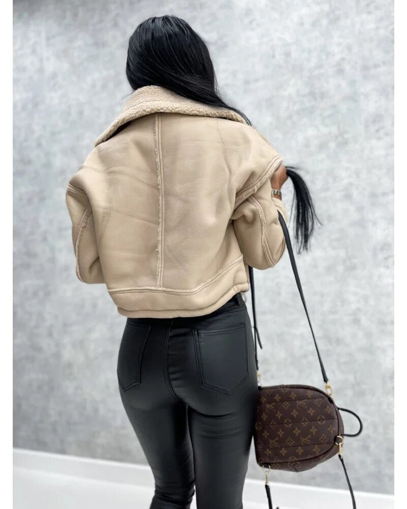 Women's Trendy Cropped Leather Jacket for Daily Use Warm