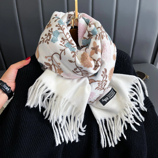 Women's Winter Warm Cashmere Scarf Embroidered Thick Shawl Wrap