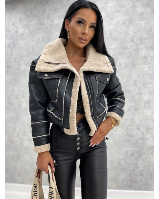 Women's Trendy Cropped Leather Jacket for Daily Use Warm