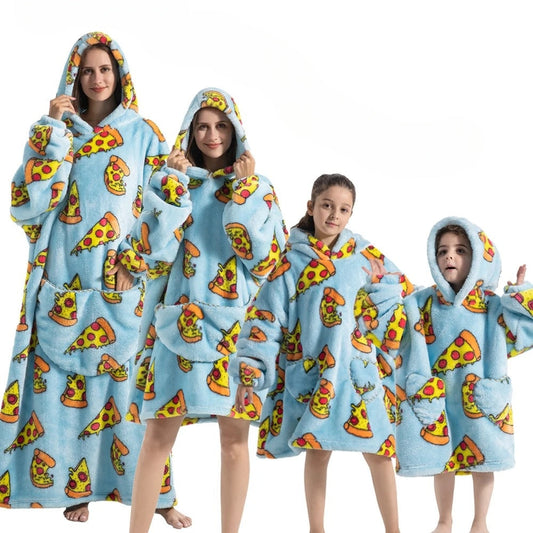 Women's Cozy Oversized Hoodie Blanket with Fleece Collar Pizza Blue