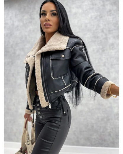 Women's Trendy Cropped Leather Jacket for Daily Use Warm